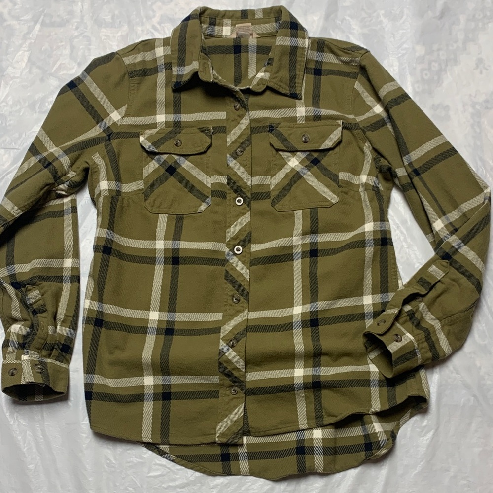 Duluth Trading Co Folklore Flannel Green Plaid Long Sleeve Button Up Shirt Sz M